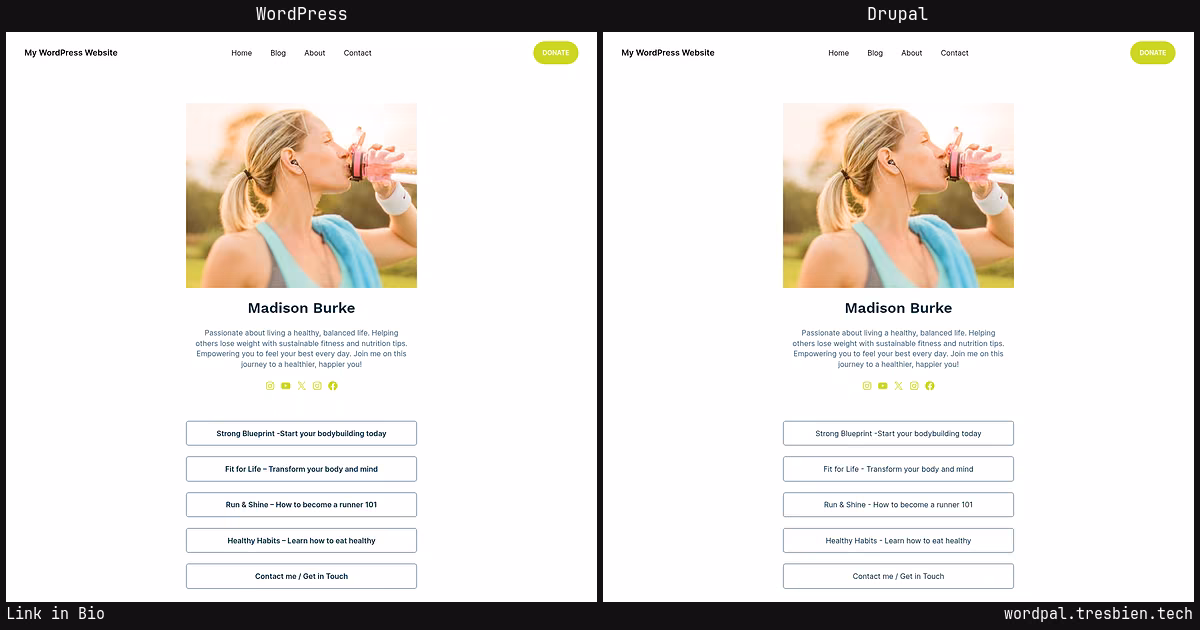 Link in Bio home page: WordPress original on the left, Drupal conversion by WordPal on the right.