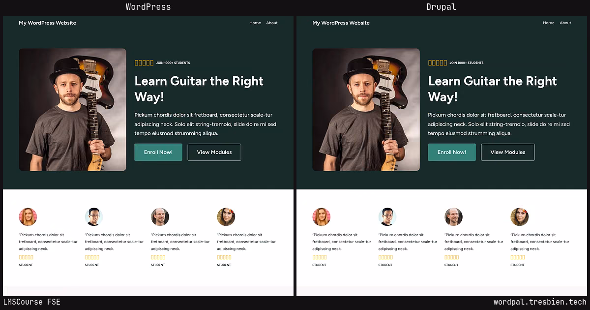 LMSCourse FSE home page: WordPress original on the left, Drupal conversion by WordPal on the right. 5 elements differ.