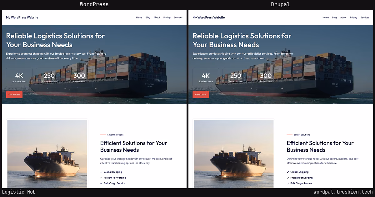 Logistic Hub home page: WordPress original on the left, Drupal conversion by WordPal on the right. 6 elements differ.