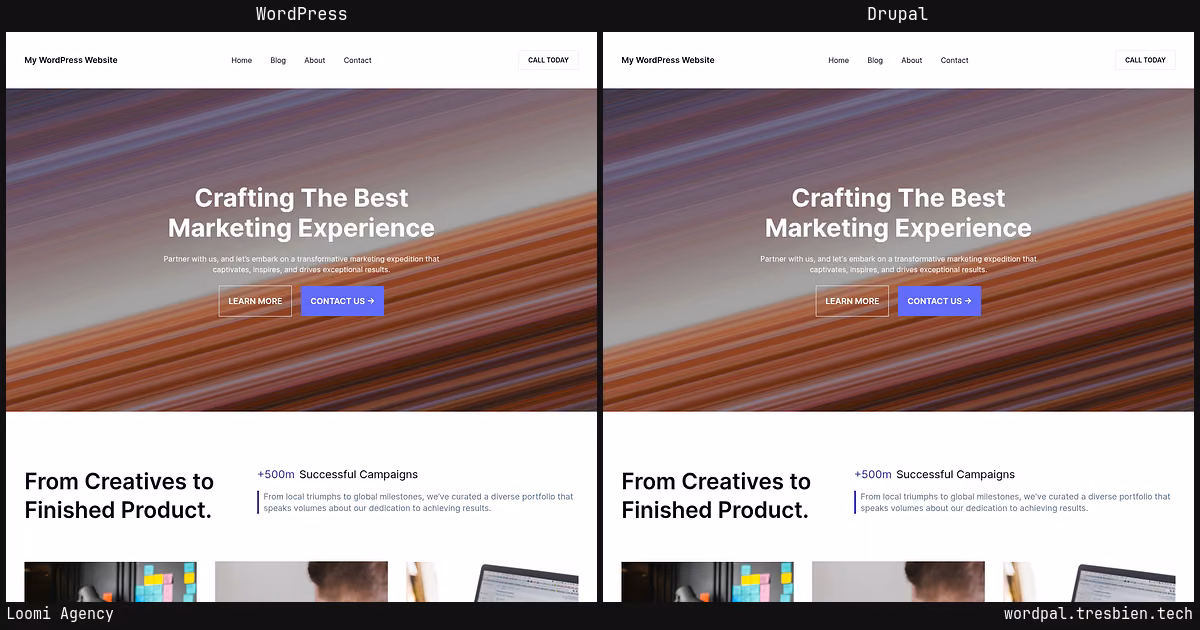 Loomi Agency home page: WordPress original on the left, Drupal conversion by WordPal on the right. 1 elements differ.