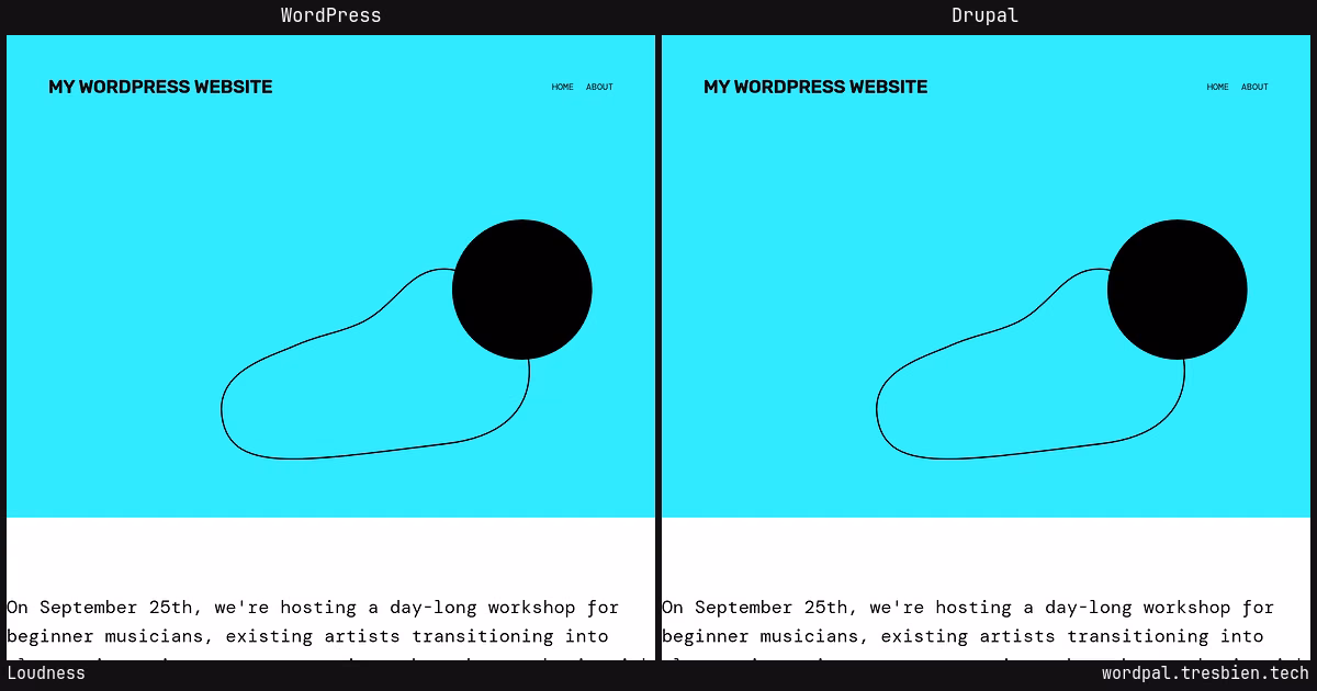 Loudness home page: WordPress original on the left, Drupal conversion by WordPal on the right.