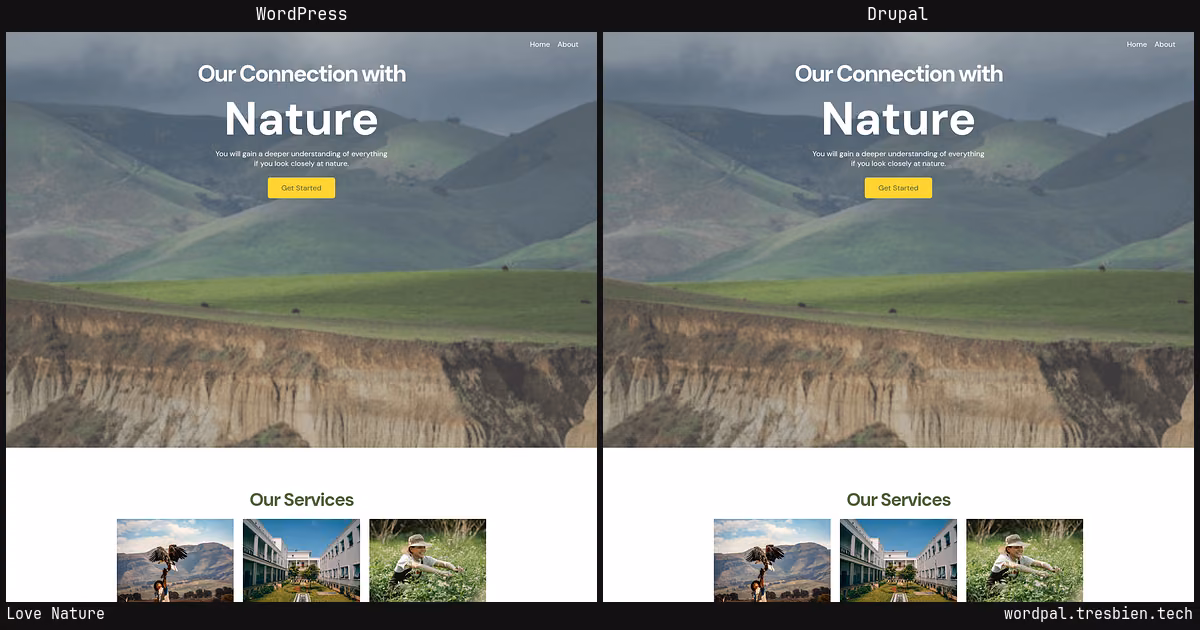 Love Nature home page: WordPress original on the left, Drupal conversion by WordPal on the right. 1 elements differ.