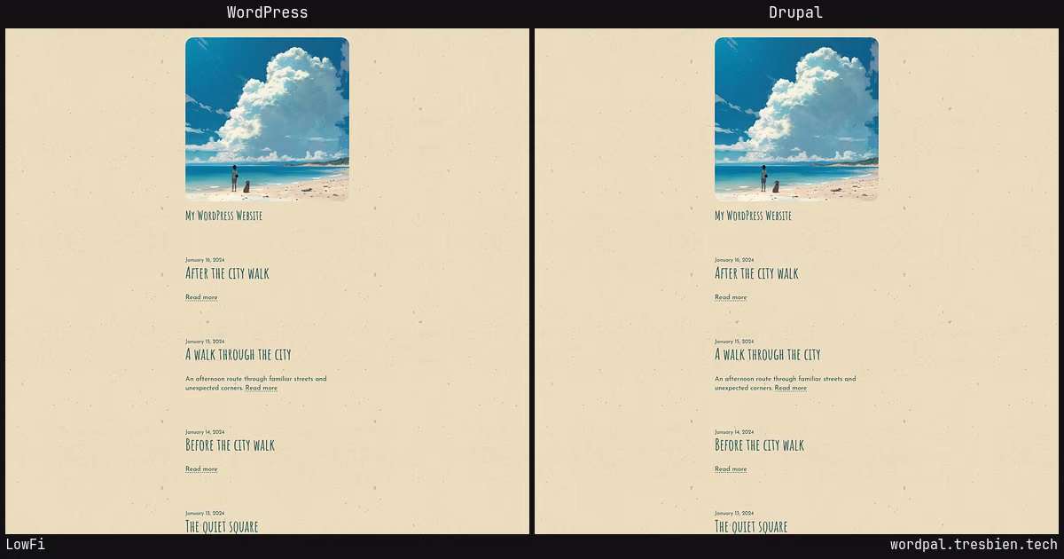 LowFi home page: WordPress original on the left, Drupal conversion by WordPal on the right.
