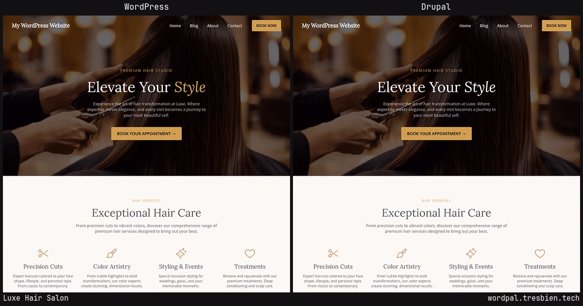 Luxe Hair Salon home page: WordPress original on the left, Drupal conversion by WordPal on the right. 2 elements differ.