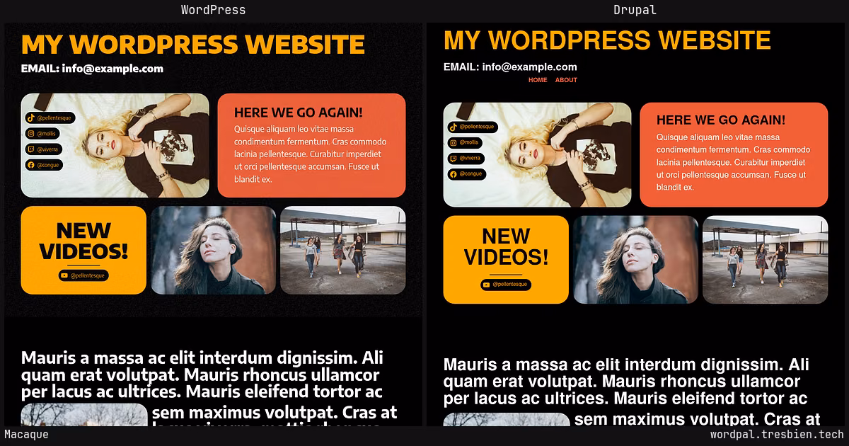 Macaque home page: WordPress original on the left, Drupal conversion by WordPal on the right. 8 elements differ.