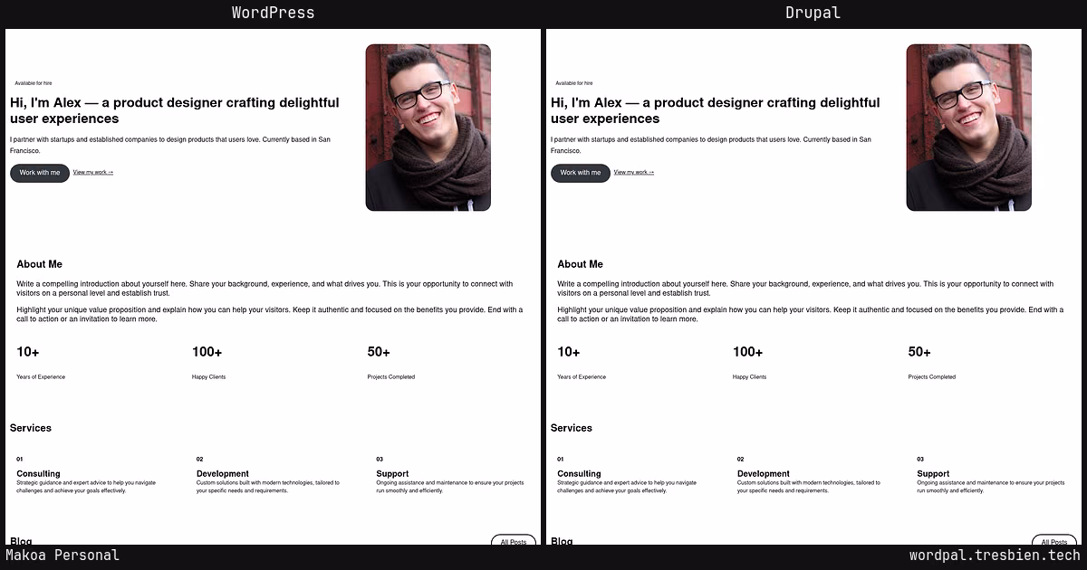 Makoa Personal home page: WordPress original on the left, Drupal conversion by WordPal on the right.