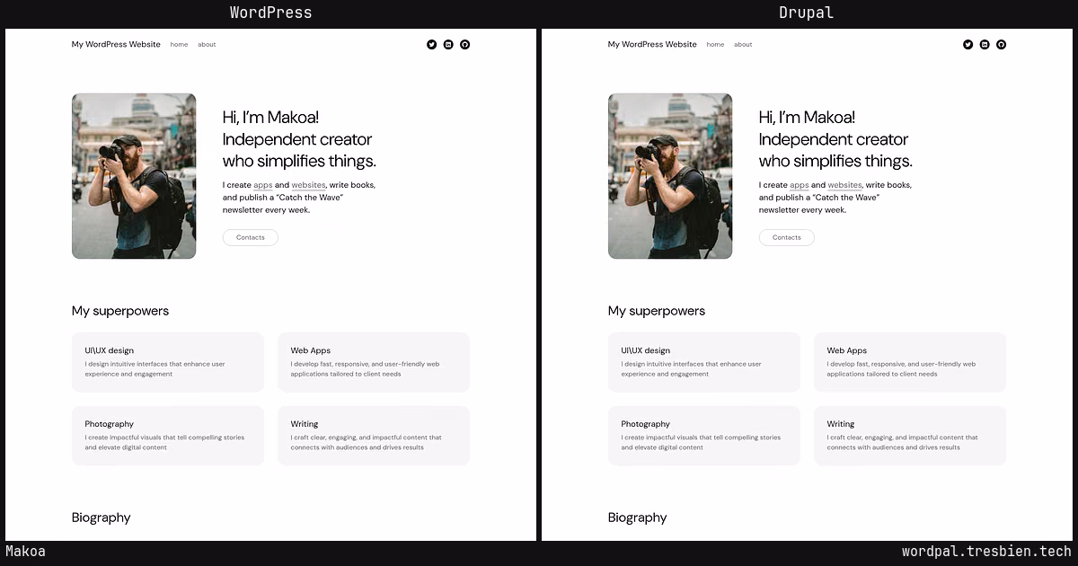 Makoa home page: WordPress original on the left, Drupal conversion by WordPal on the right.