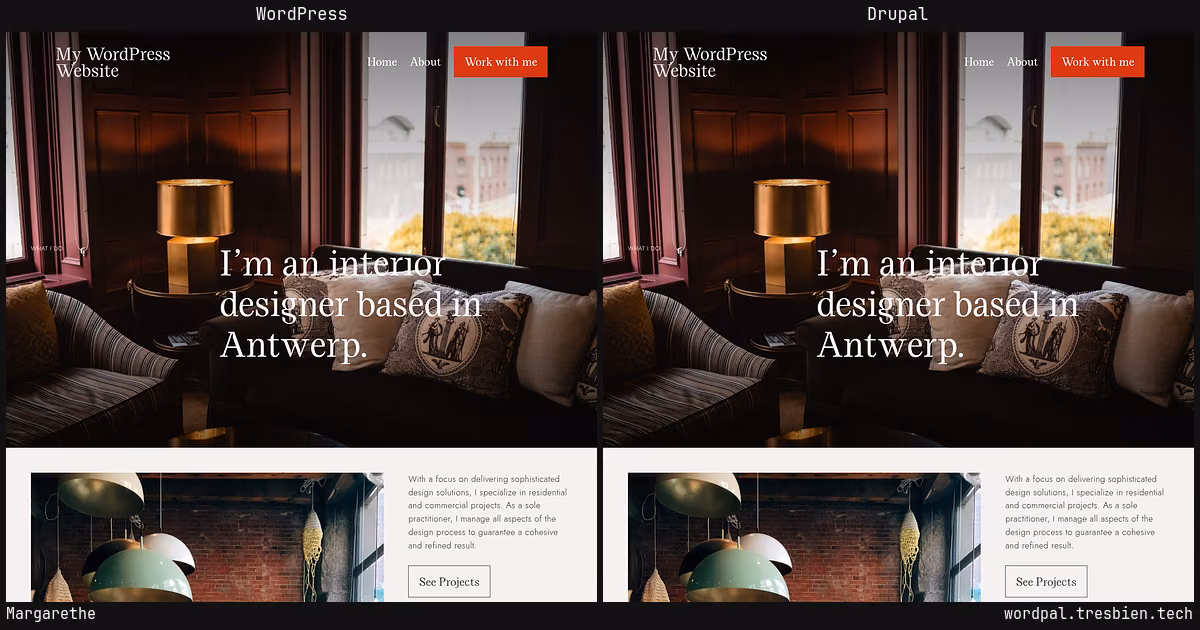 Margarethe home page: WordPress original on the left, Drupal conversion by WordPal on the right. 2 elements differ.