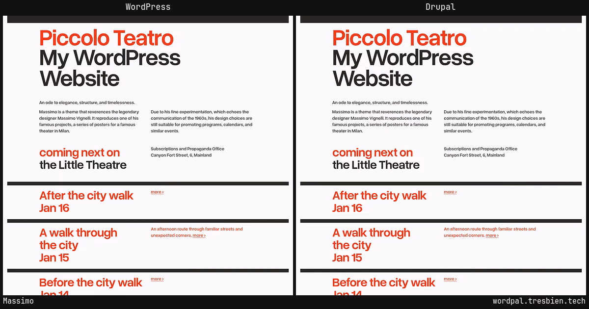 Massimo home page: WordPress original on the left, Drupal conversion by WordPal on the right.