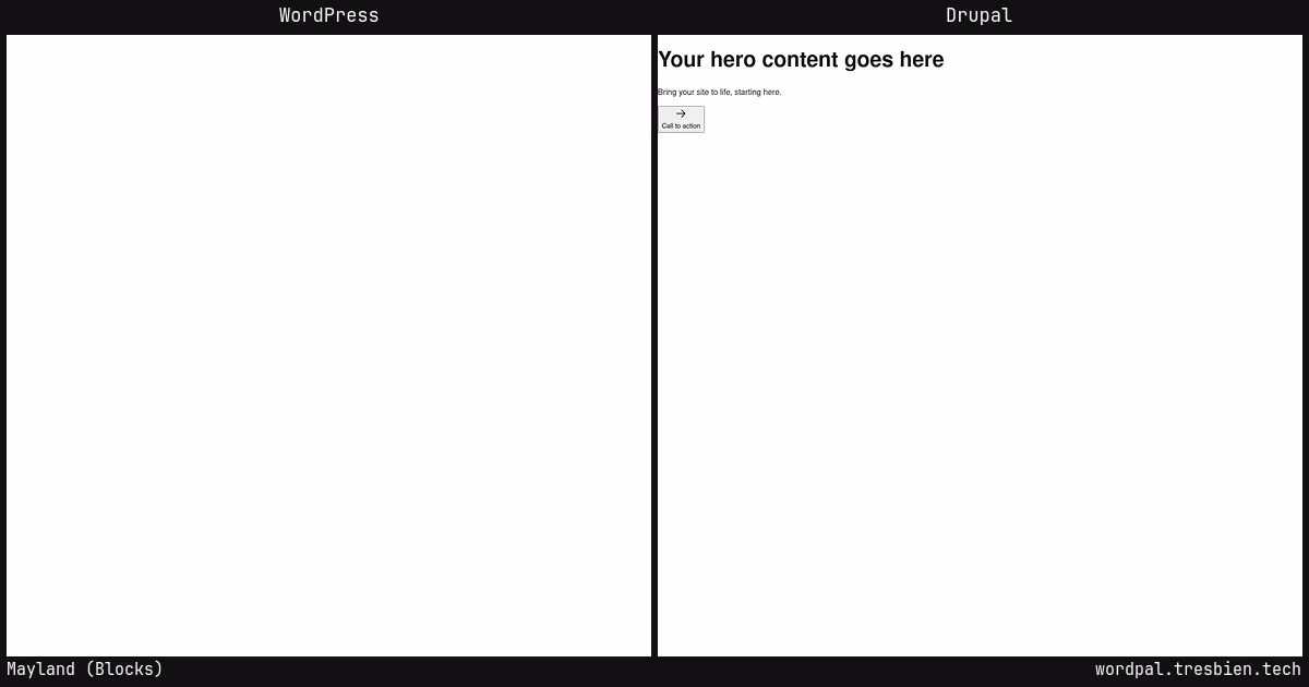 Mayland (Blocks) home page: WordPress original on the left, Drupal conversion by WordPal on the right.