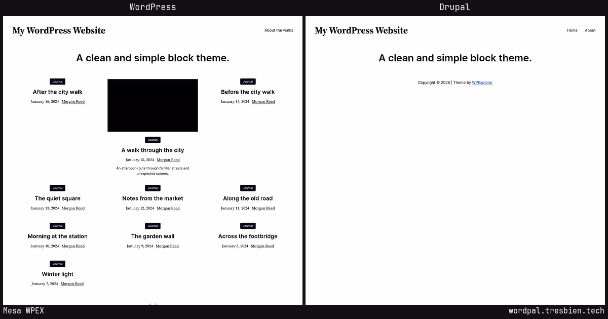 Mesa WPEX home page: WordPress original on the left, Drupal conversion by WordPal on the right. 2 elements differ.