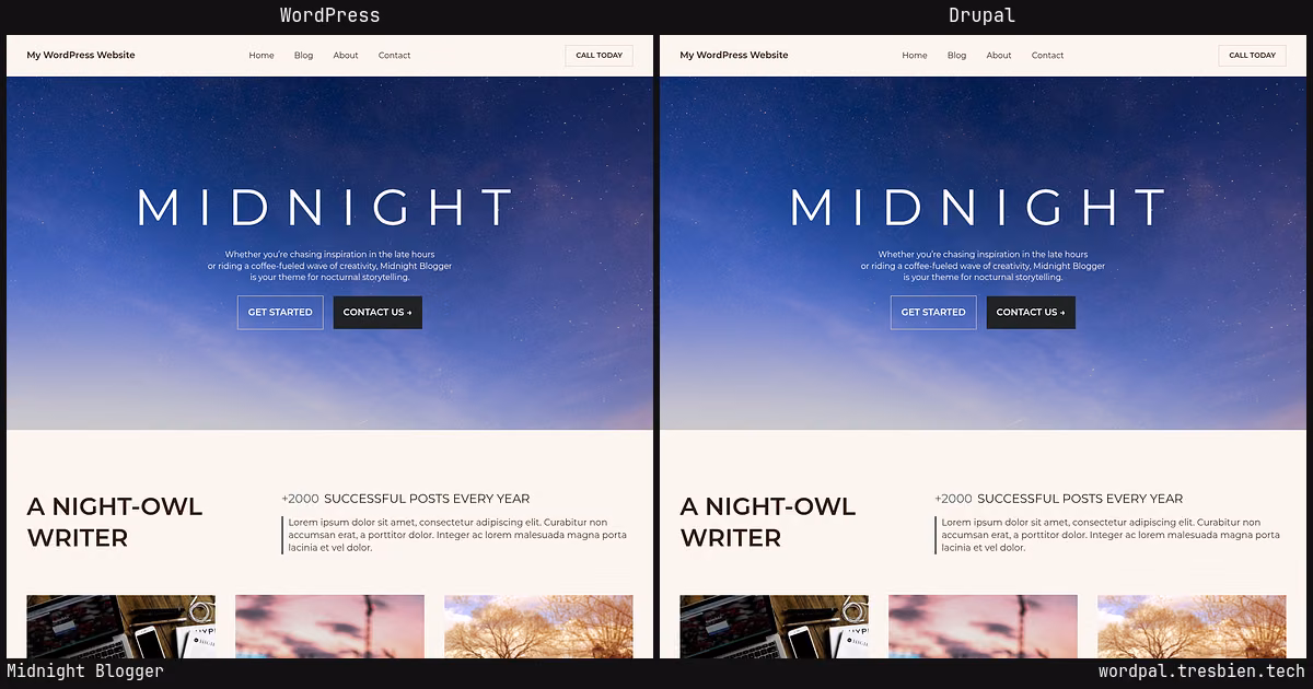 Midnight Blogger home page: WordPress original on the left, Drupal conversion by WordPal on the right.