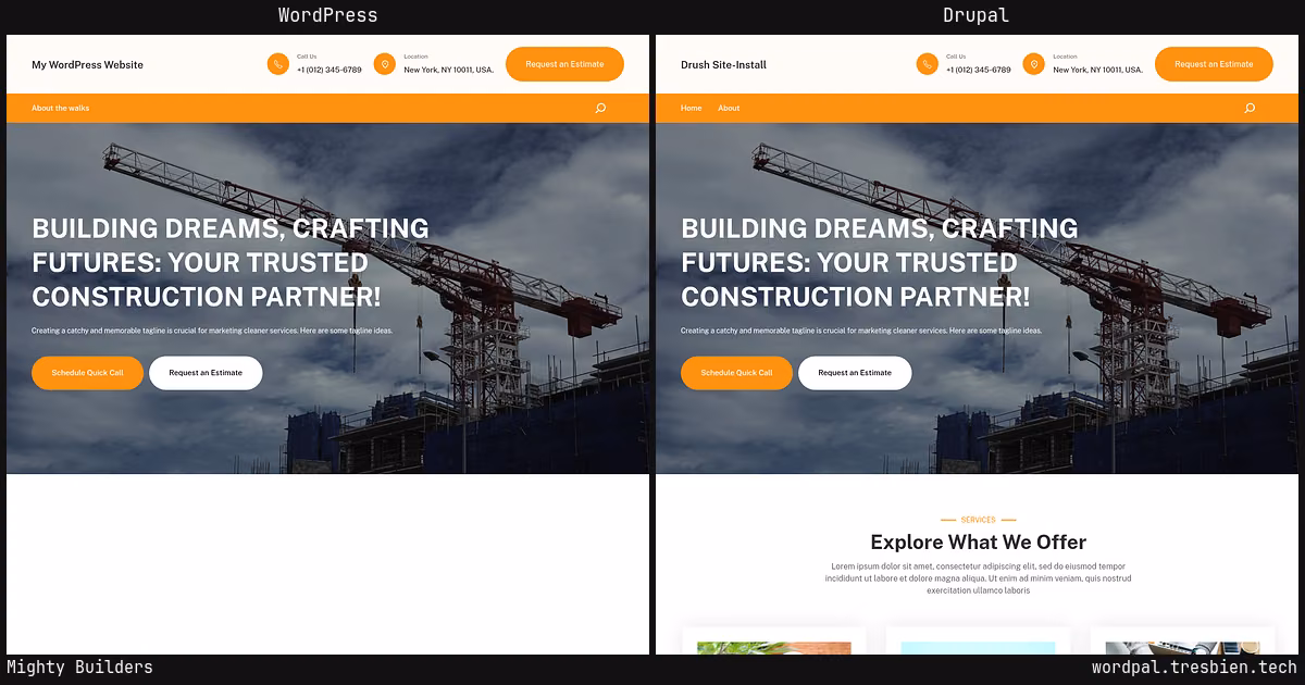 Mighty Builders home page: WordPress original on the left, Drupal conversion by WordPal on the right. 31 elements differ.