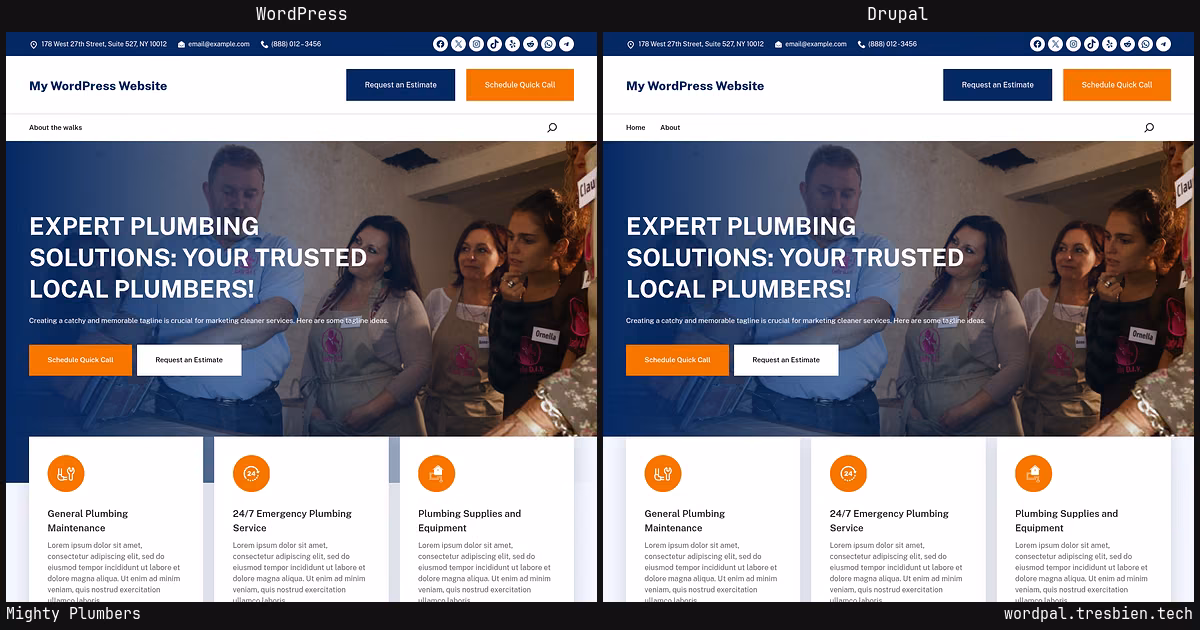Mighty Plumbers home page: WordPress original on the left, Drupal conversion by WordPal on the right. 33 elements differ.