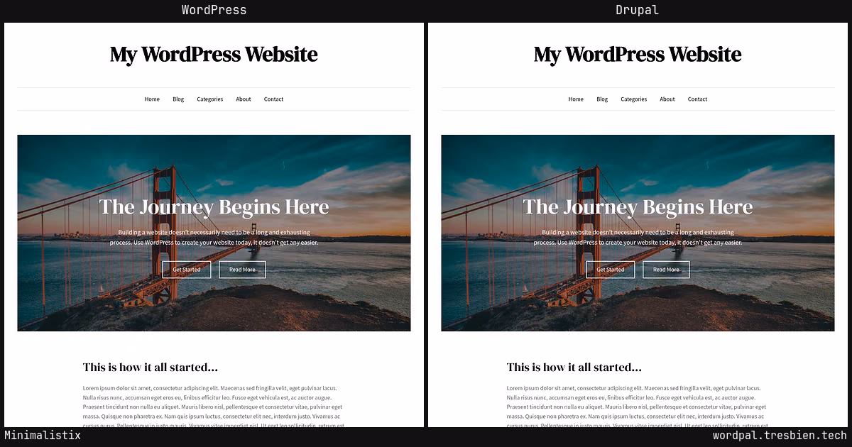 Minimalistix home page: WordPress original on the left, Drupal conversion by WordPal on the right.