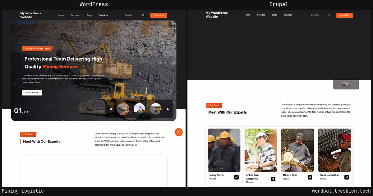 Mining Logistic home page: WordPress original on the left, Drupal conversion by WordPal on the right. 18 elements differ.