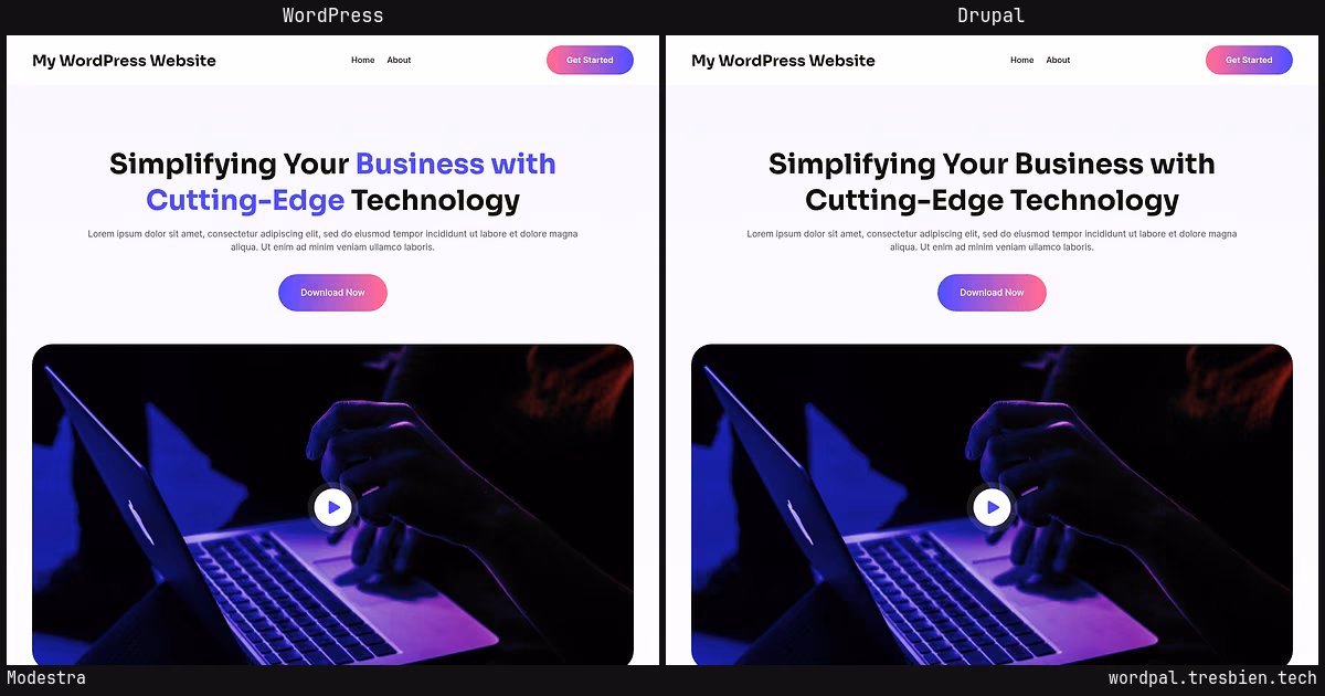 Modestra home page: WordPress original on the left, Drupal conversion by WordPal on the right. 16 elements differ.