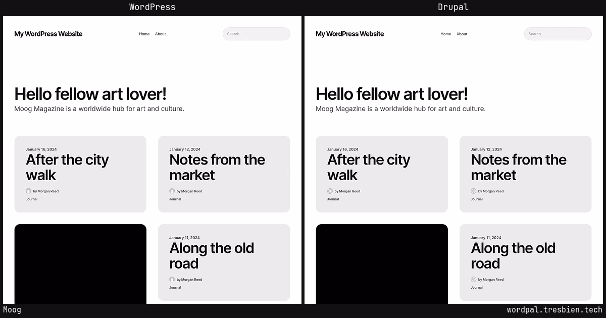 Moog home page: WordPress original on the left, Drupal conversion by WordPal on the right.