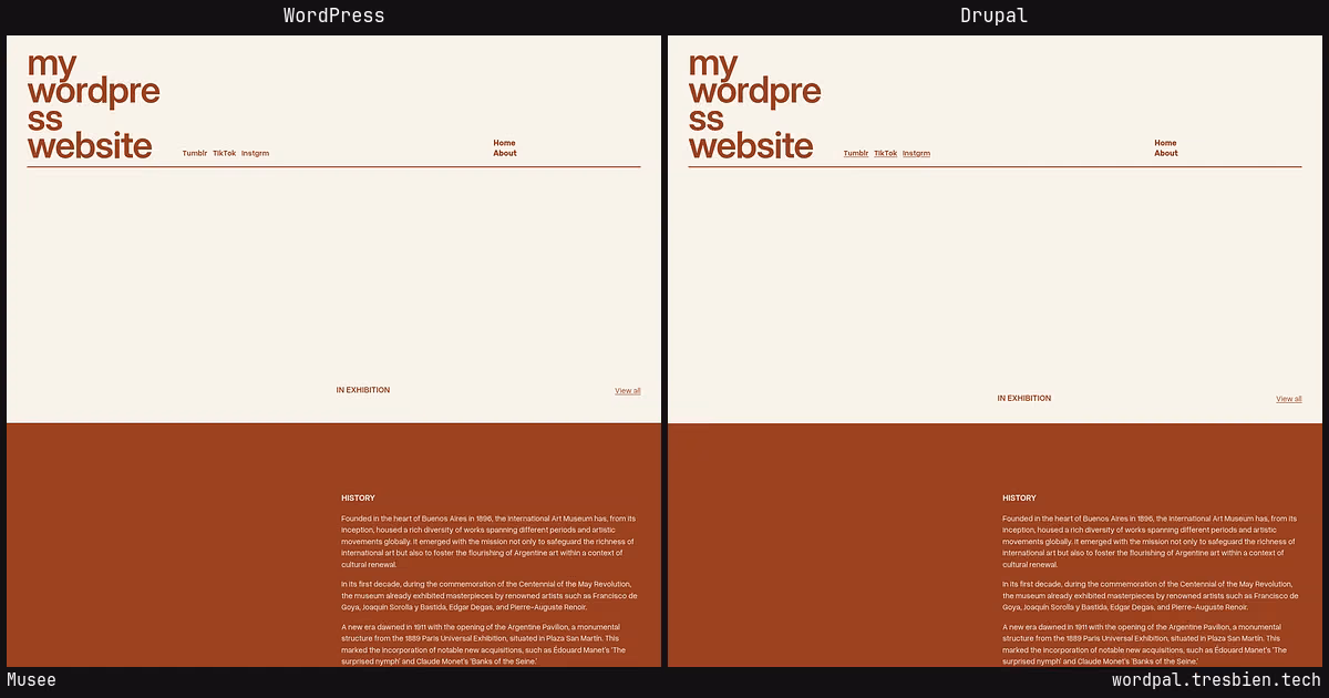 Musee home page: WordPress original on the left, Drupal conversion by WordPal on the right. 2 elements differ.
