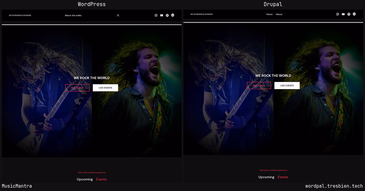 MusicMantra home page: WordPress original on the left, Drupal conversion by WordPal on the right. 15 elements differ.