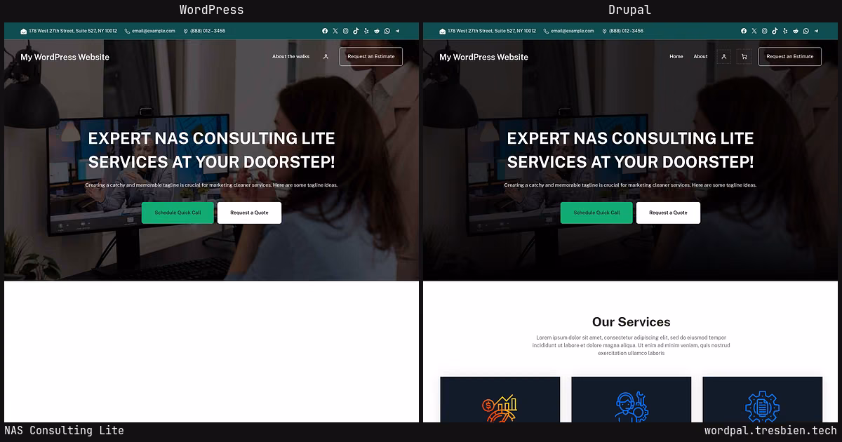 NAS Consulting Lite home page: WordPress original on the left, Drupal conversion by WordPal on the right. 33 elements differ.