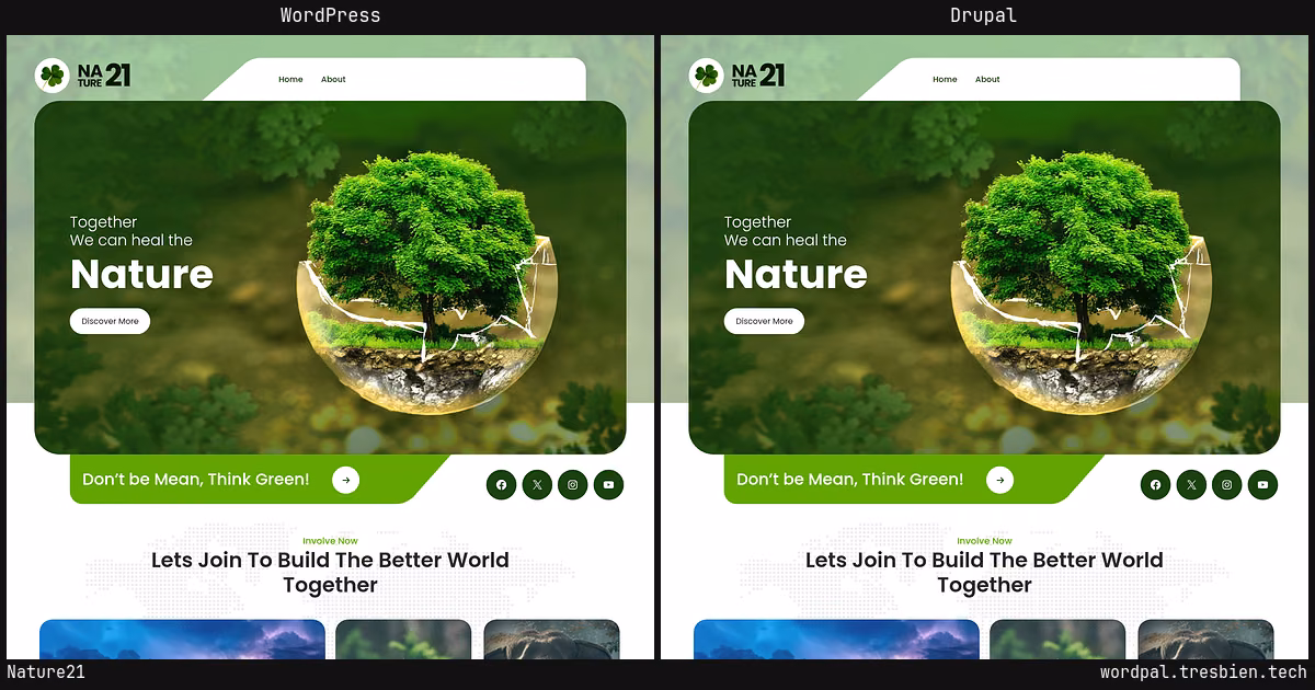 Nature21 home page: WordPress original on the left, Drupal conversion by WordPal on the right. 9 elements differ.