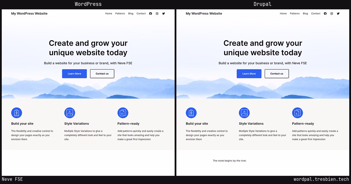 Neve FSE home page: WordPress original on the left, Drupal conversion by WordPal on the right.