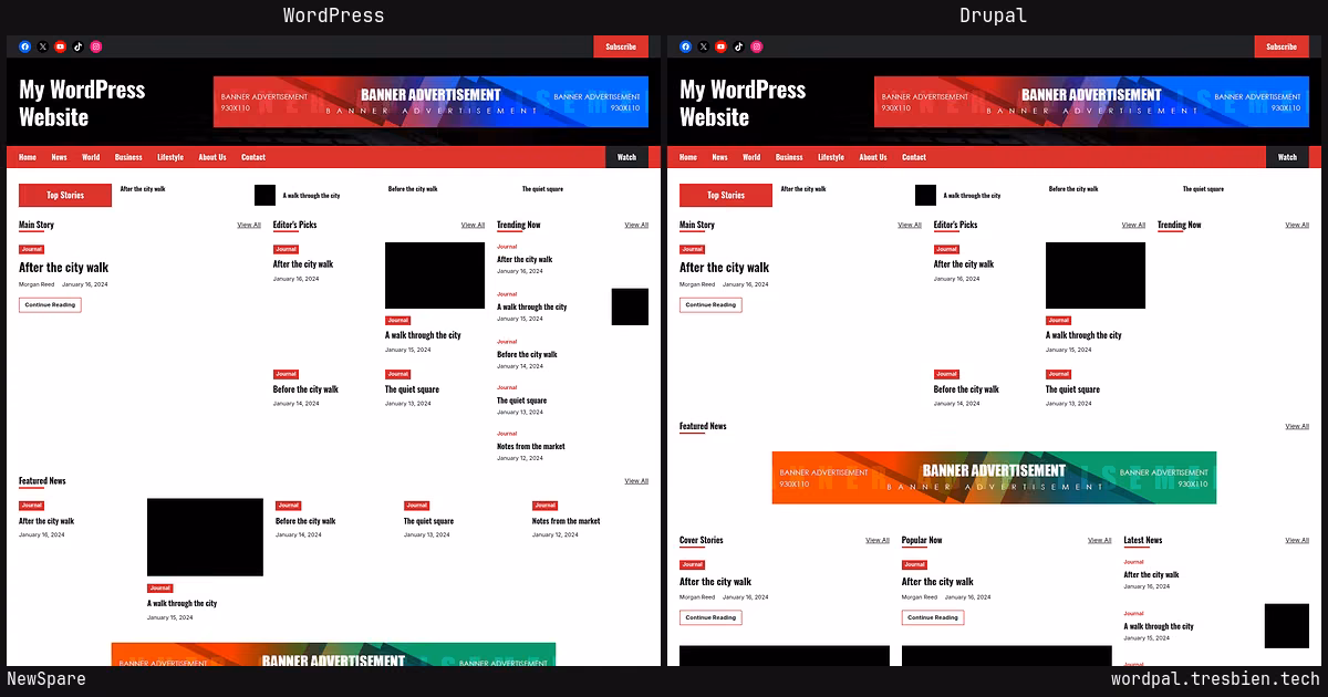 NewSpare home page: WordPress original on the left, Drupal conversion by WordPal on the right. 17 elements differ.