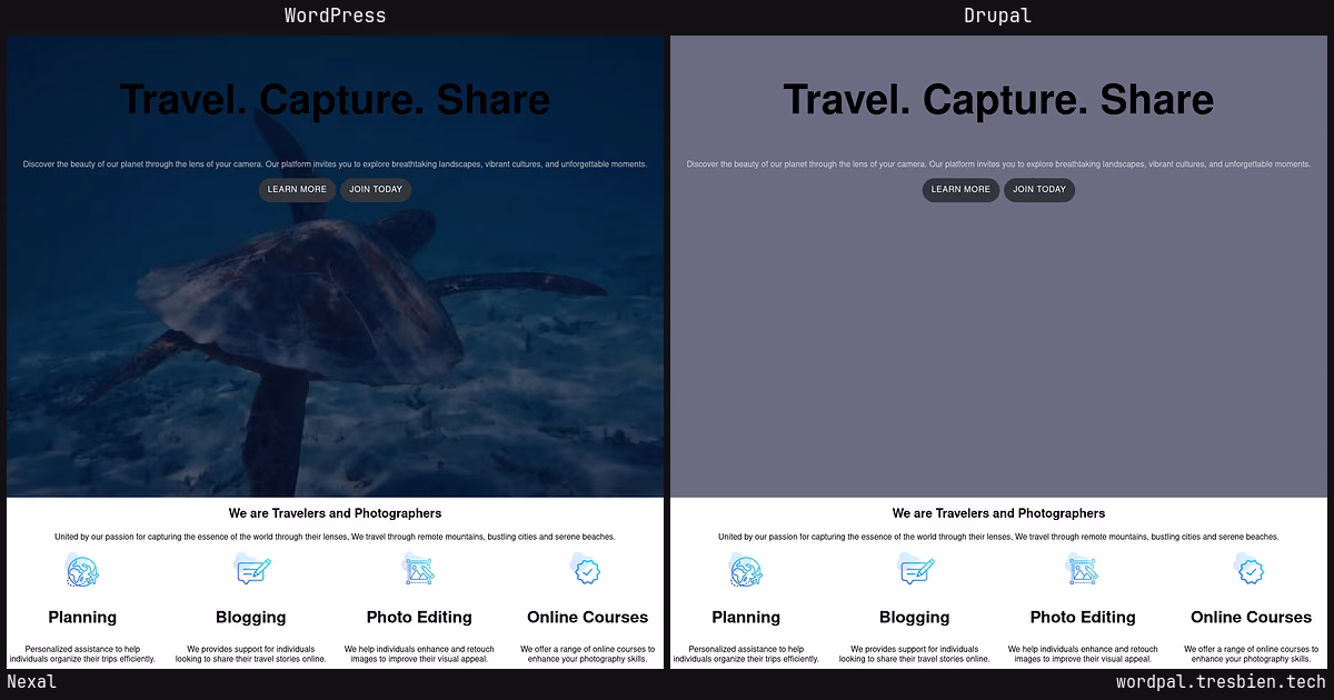 Nexal home page: WordPress original on the left, Drupal conversion by WordPal on the right. 7 elements differ.