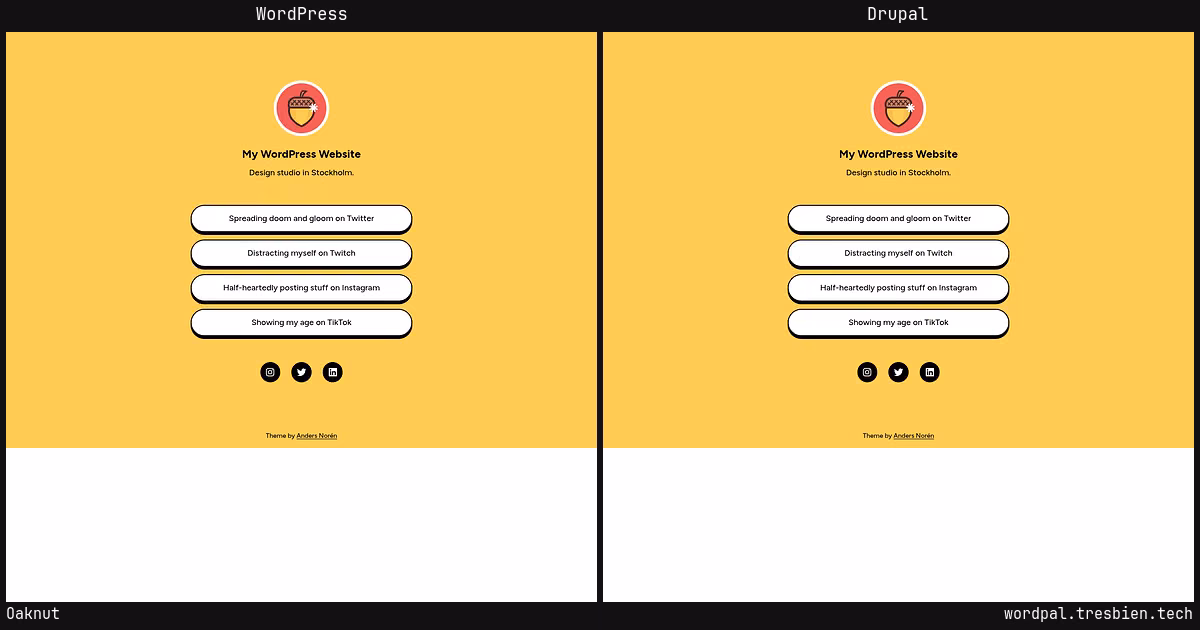 Oaknut home page: WordPress original on the left, Drupal conversion by WordPal on the right.