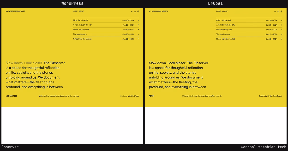 Observer home page: WordPress original on the left, Drupal conversion by WordPal on the right. 5 elements differ.