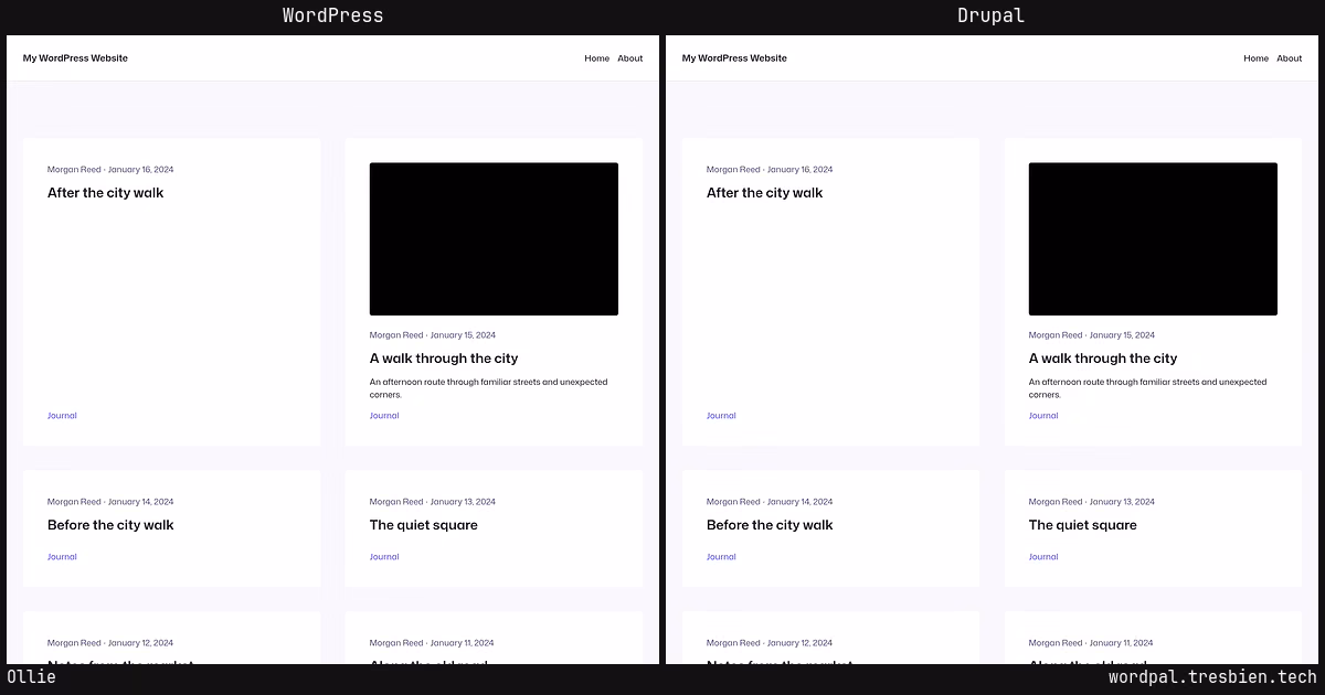Ollie home page: WordPress original on the left, Drupal conversion by WordPal on the right.