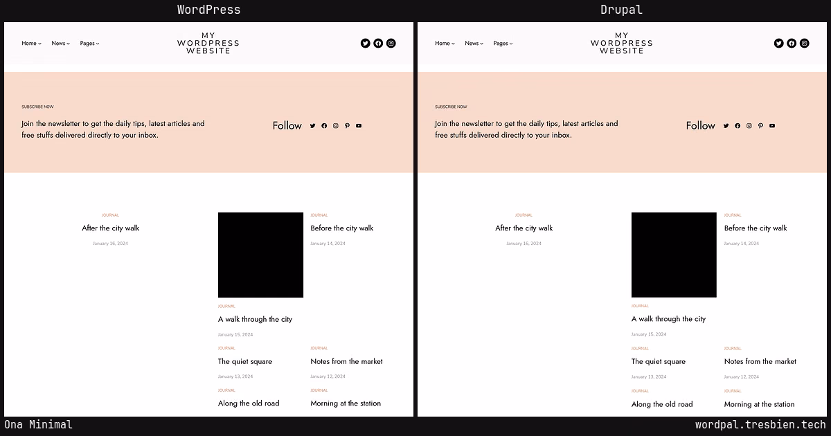 Ona Minimal home page: WordPress original on the left, Drupal conversion by WordPal on the right. 4 elements differ.