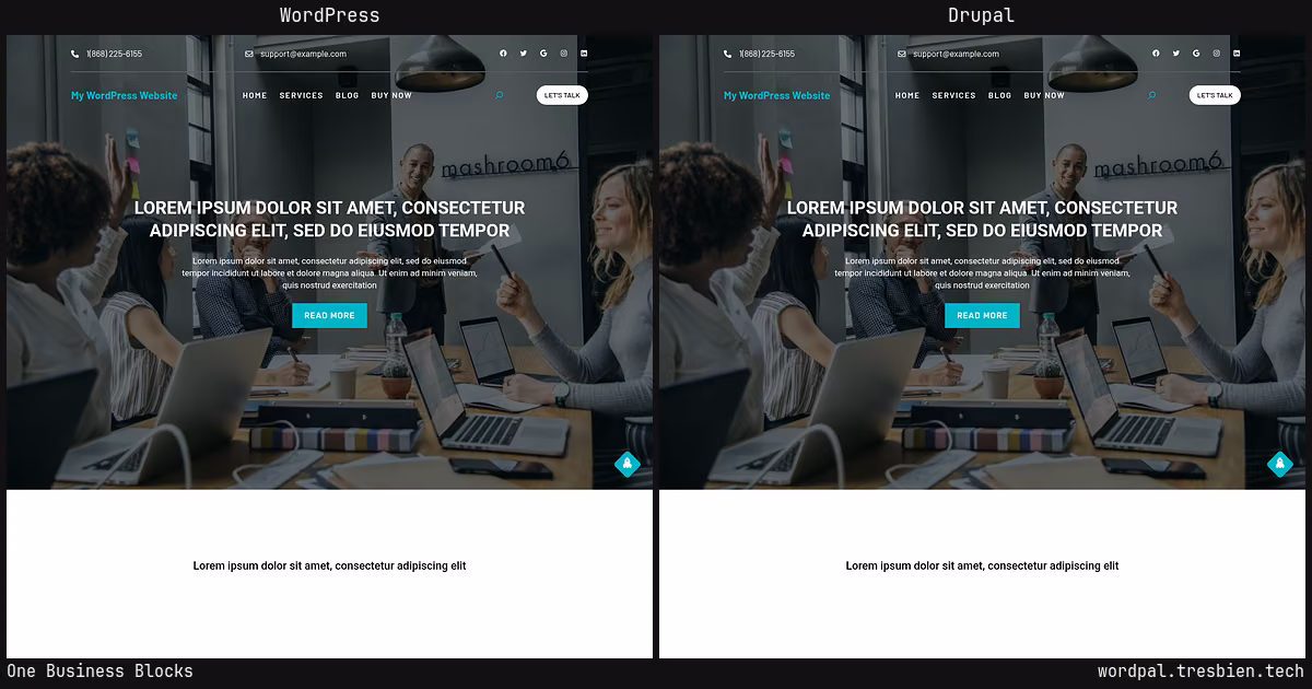 One Business Blocks home page: WordPress original on the left, Drupal conversion by WordPal on the right. 2 elements differ.