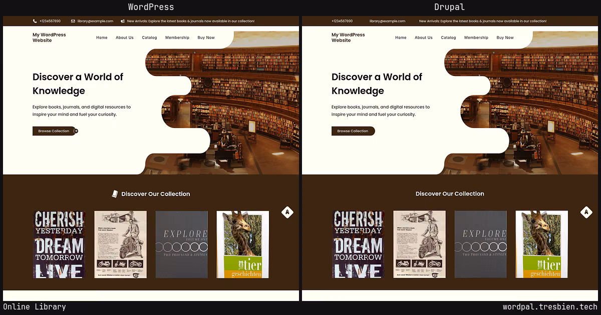Online Library home page: WordPress original on the left, Drupal conversion by WordPal on the right. 17 elements differ.