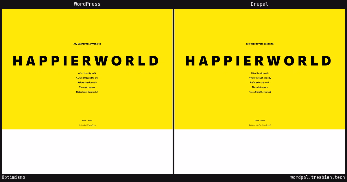 Optimismo home page: WordPress original on the left, Drupal conversion by WordPal on the right.