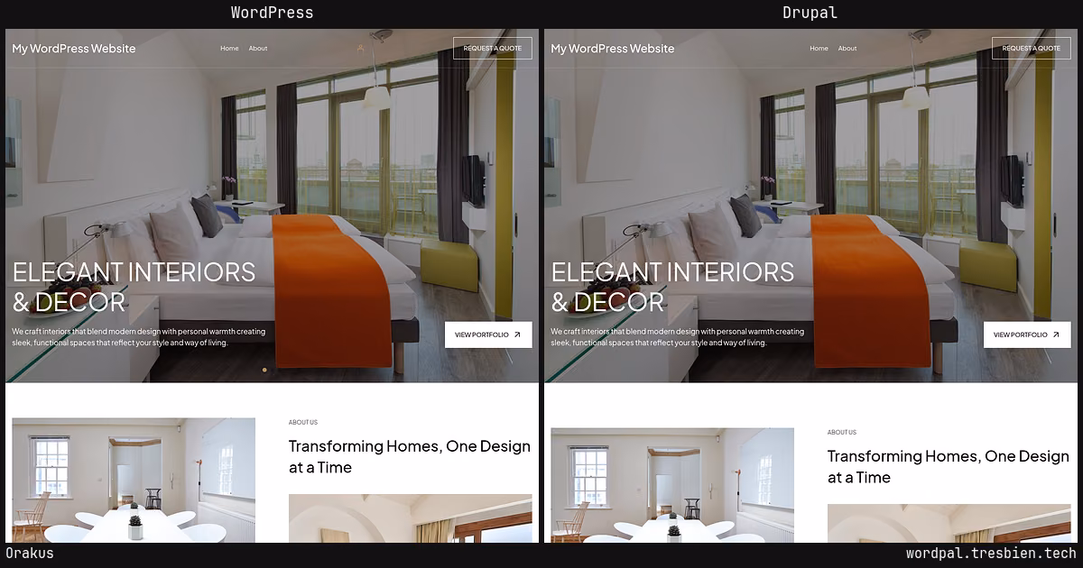 Orakus home page: WordPress original on the left, Drupal conversion by WordPal on the right. 14 elements differ.