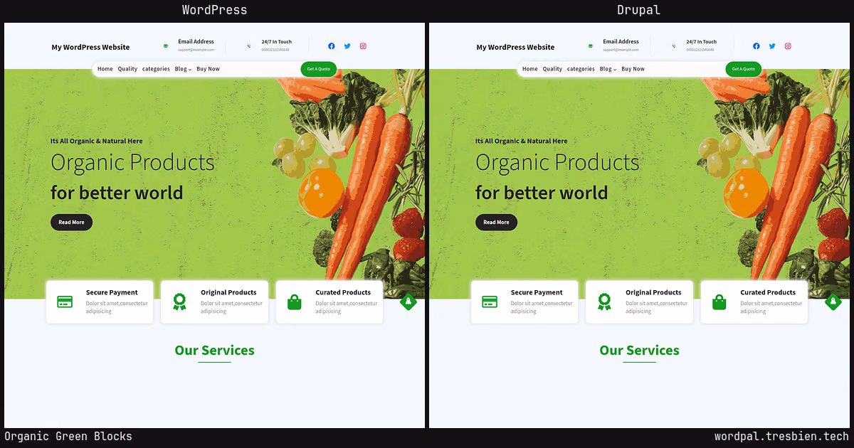 Organic Green Blocks home page: WordPress original on the left, Drupal conversion by WordPal on the right. 3 elements differ.