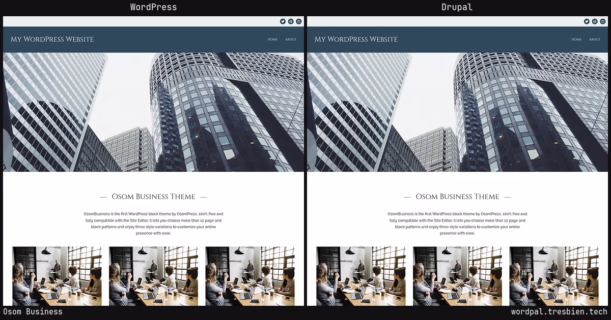 Osom Business home page: WordPress original on the left, Drupal conversion by WordPal on the right.