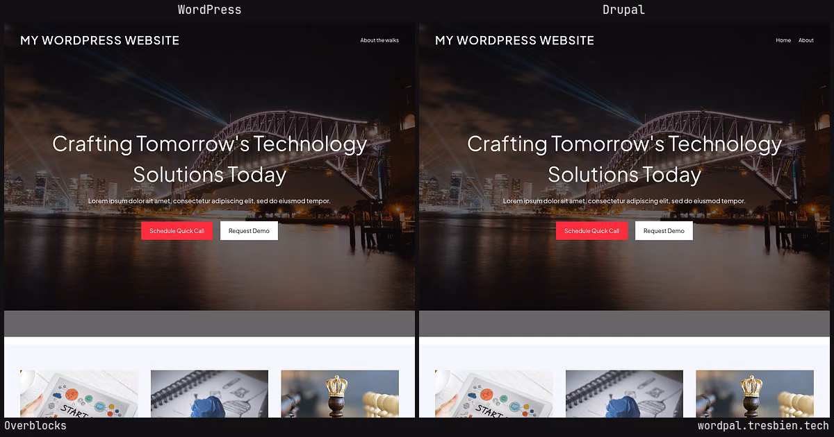 Overblocks home page: WordPress original on the left, Drupal conversion by WordPal on the right. 5 elements differ.