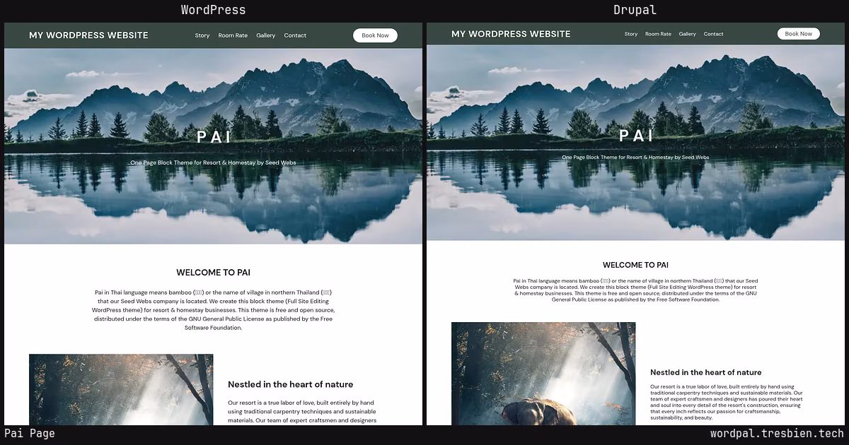 Pai Page home page: WordPress original on the left, Drupal conversion by WordPal on the right.