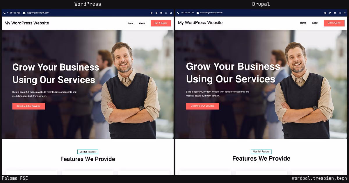 Paloma FSE home page: WordPress original on the left, Drupal conversion by WordPal on the right. 5 elements differ.