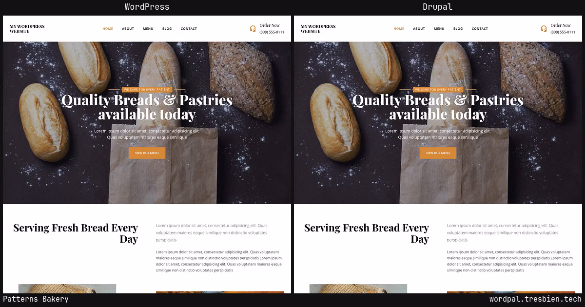 Patterns Bakery home page: WordPress original on the left, Drupal conversion by WordPal on the right. 14 elements differ.