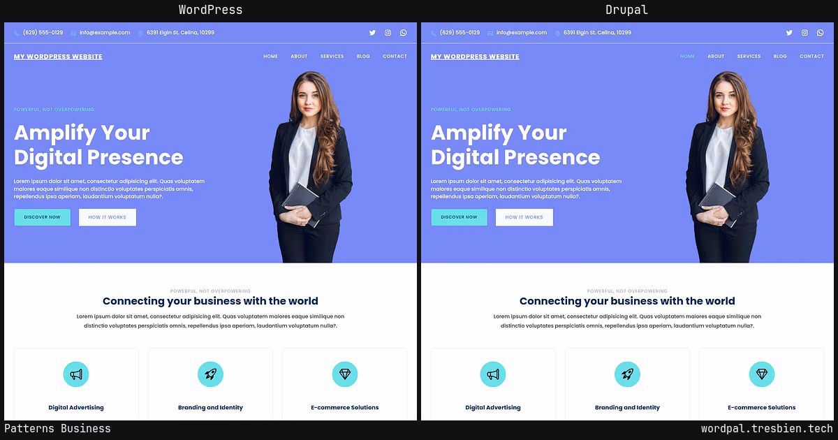 Patterns Business home page: WordPress original on the left, Drupal conversion by WordPal on the right. 3 elements differ.
