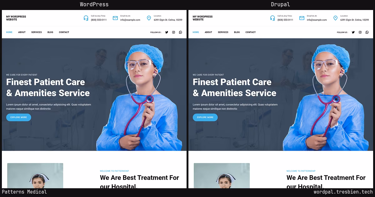 Patterns Medical home page: WordPress original on the left, Drupal conversion by WordPal on the right. 1 elements differ.