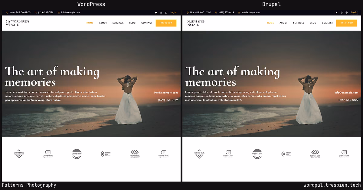Patterns Photography home page: WordPress original on the left, Drupal conversion by WordPal on the right. 10 elements differ.