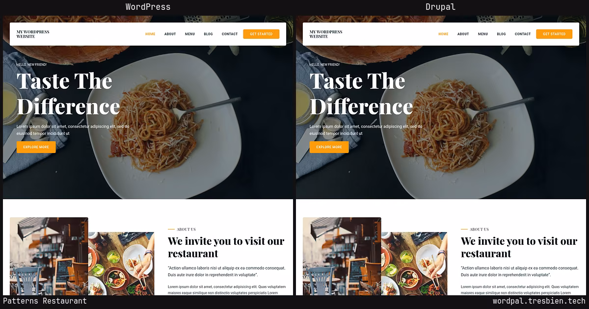 Patterns Restaurant home page: WordPress original on the left, Drupal conversion by WordPal on the right. 22 elements differ.