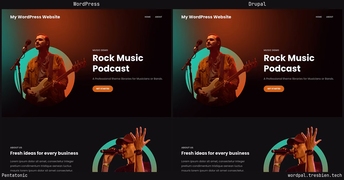 Pentatonic home page: WordPress original on the left, Drupal conversion by WordPal on the right. 2 elements differ.