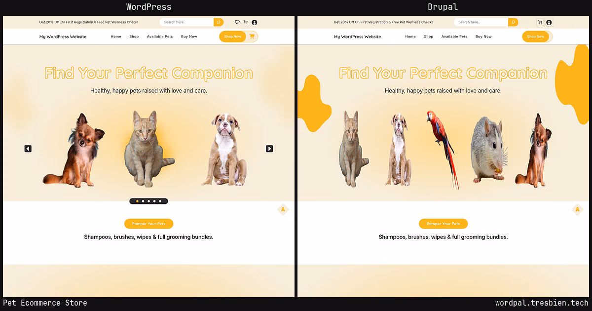 Pet Ecommerce Store home page: WordPress original on the left, Drupal conversion by WordPal on the right. 46 elements differ.
