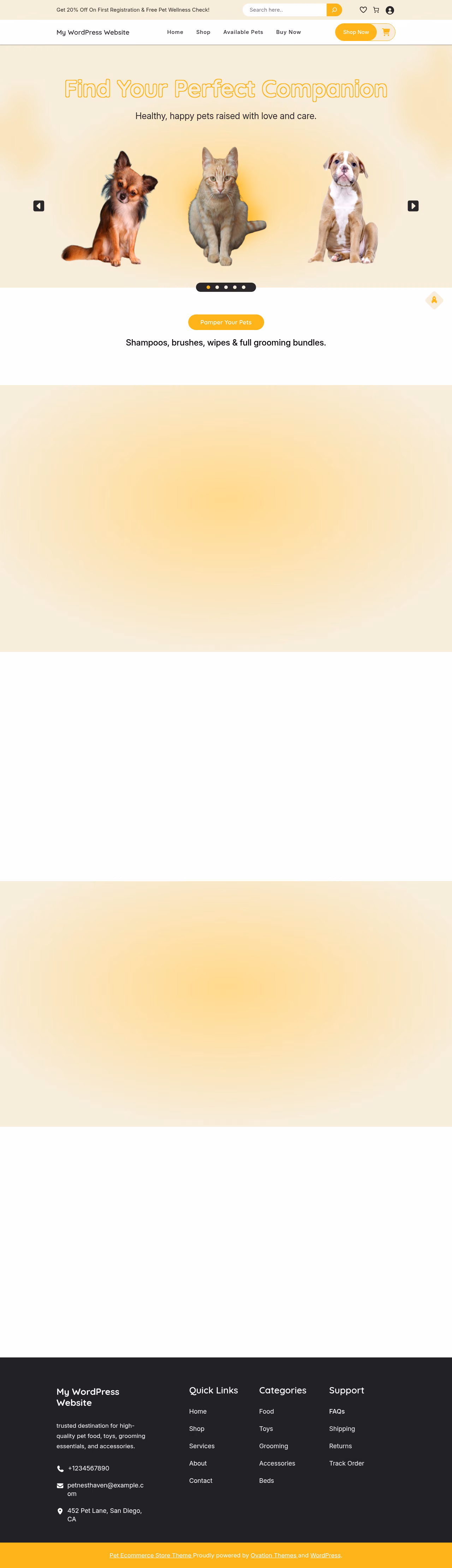 Pet Ecommerce Store home page, WordPress original